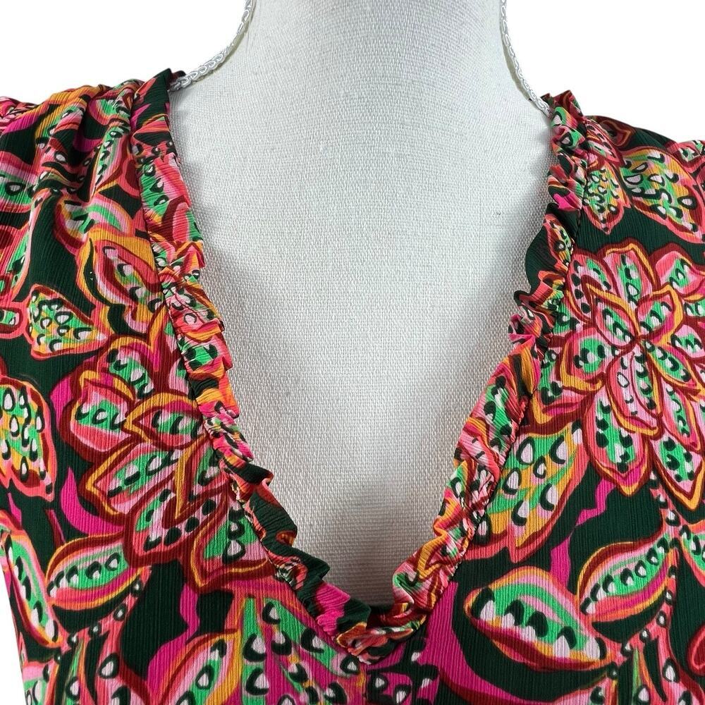 J Crew Green Orange Floral Ruffle V-neck Tiered Dress Size 4 - Picture 4 of 16
